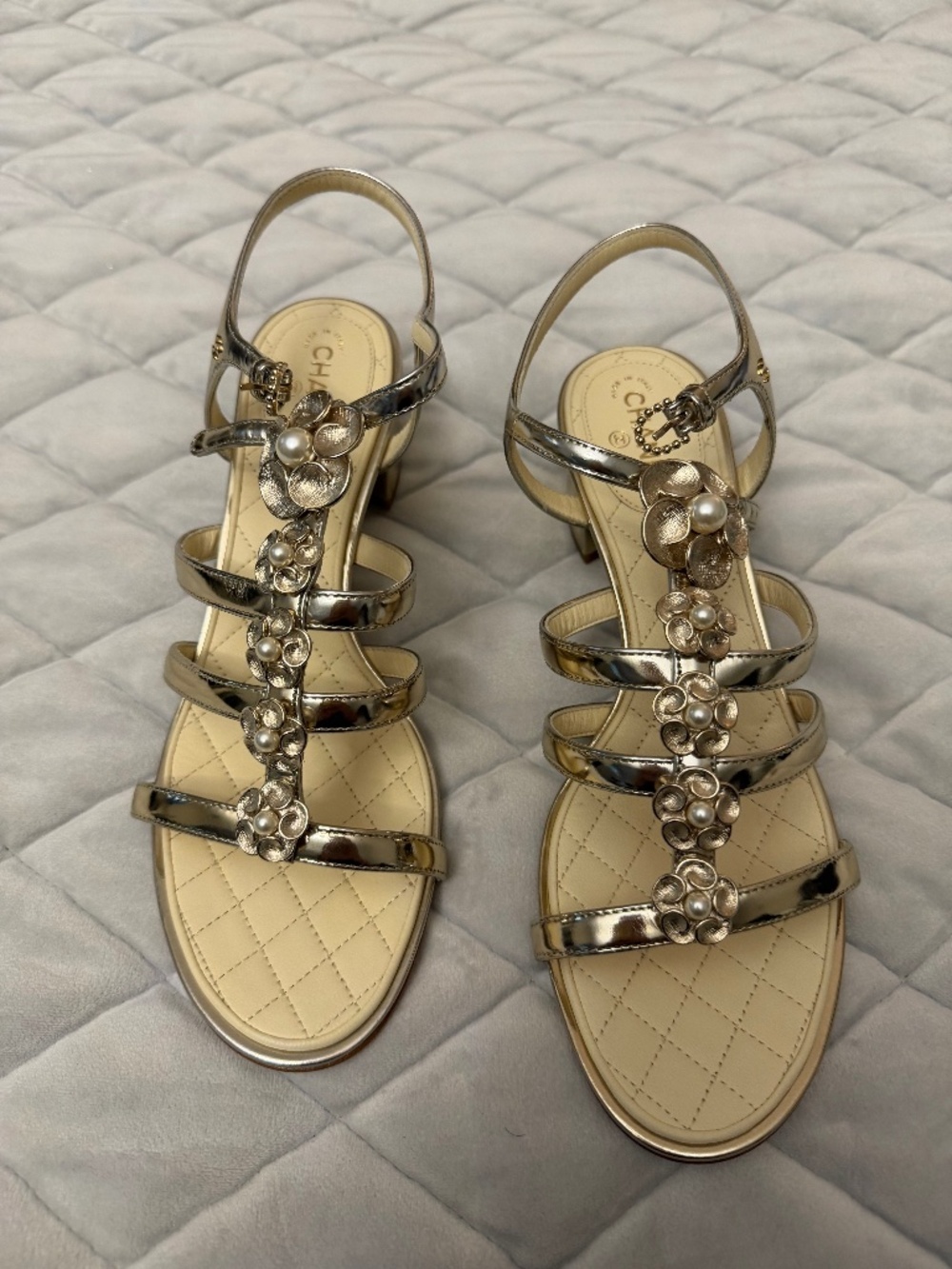 Chanel gold sandal with pearl flower detail